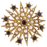 A late 20th century 9ct gold sapphire and pearl 8-ray starburst brooch, hallmarks London 1975,
