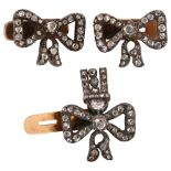 CARTIER - a set of 3 Art Deco diamond ribbon bow dress studs, 1 having en tremblant drop, set with