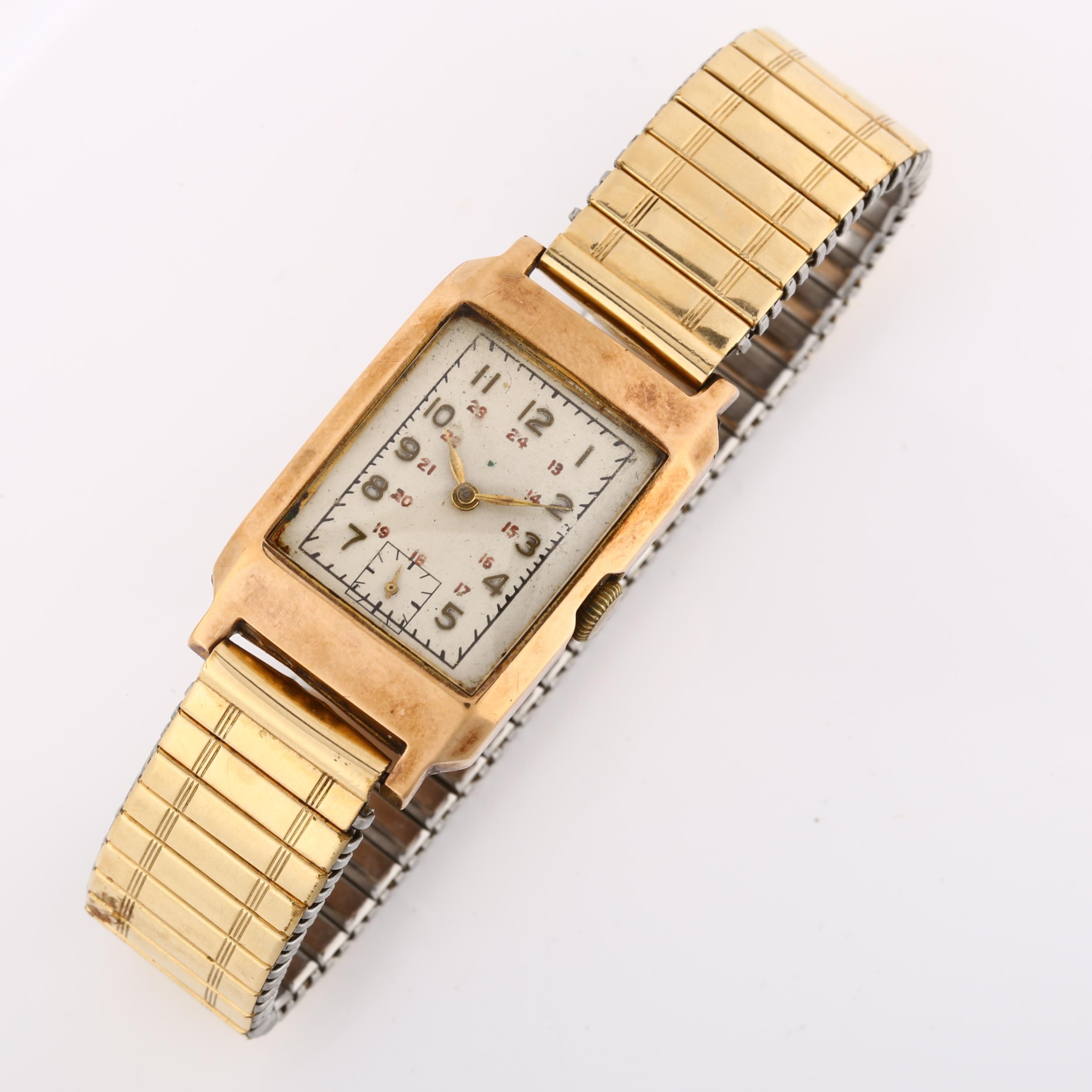 An Art Deco 9ct gold mechanical bracelet watch, silvered dial with gilt Arabic numerals and - Image 2 of 5