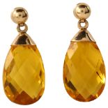 A pair of citrine briolette drop earrings, with unmarked yellow metal stud fittings, earring