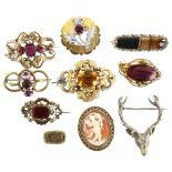 A group of various brooches, including Victorian memorial, woven hair panel, shell cameo etc Lot