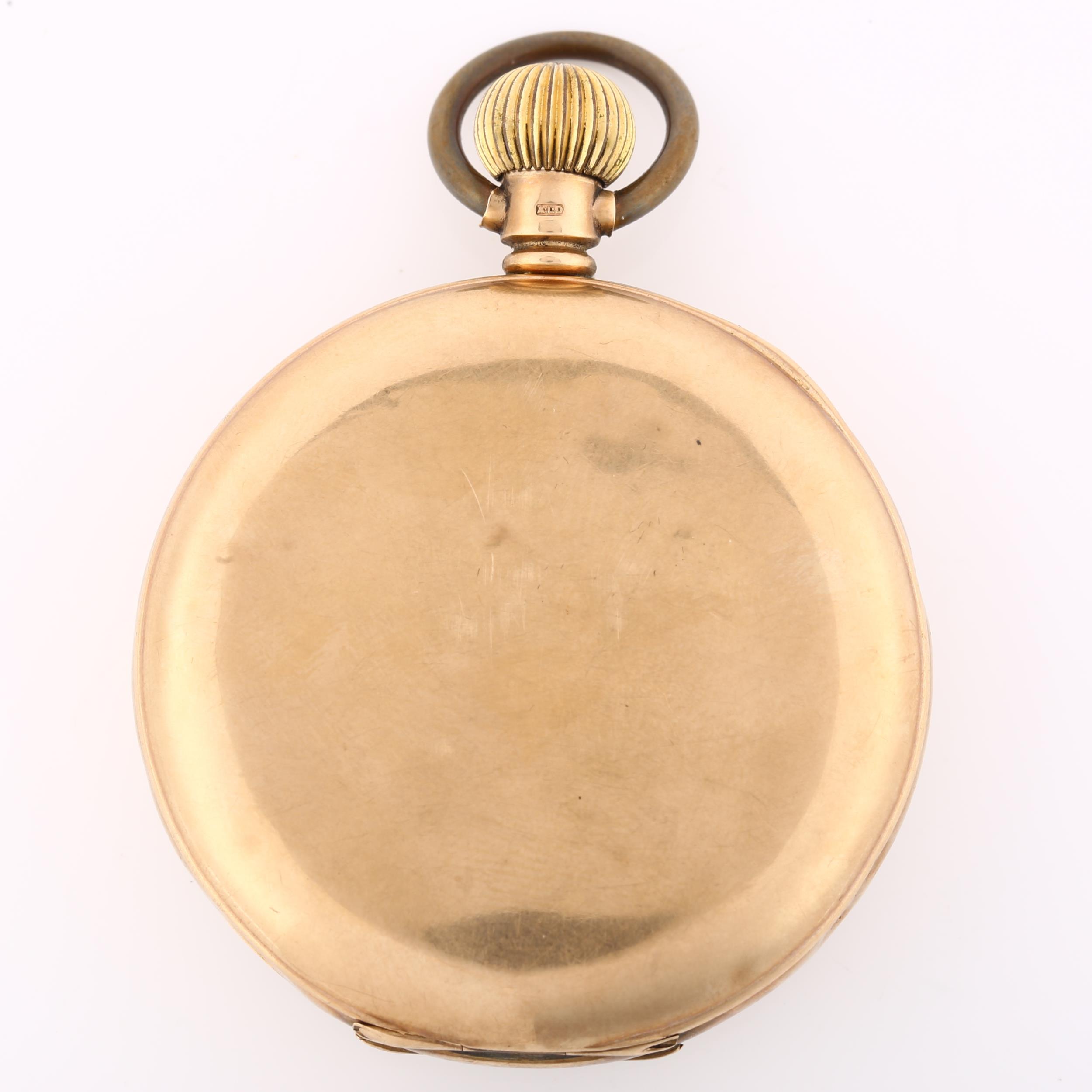 WALTHAM - an early 20th century 9ct gold open-face keyless pocket watch, white enamel dial with - Image 2 of 5