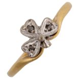 An early 20th century 18ct gold diamond shamrock ring, set with rose-cut diamonds, setting height