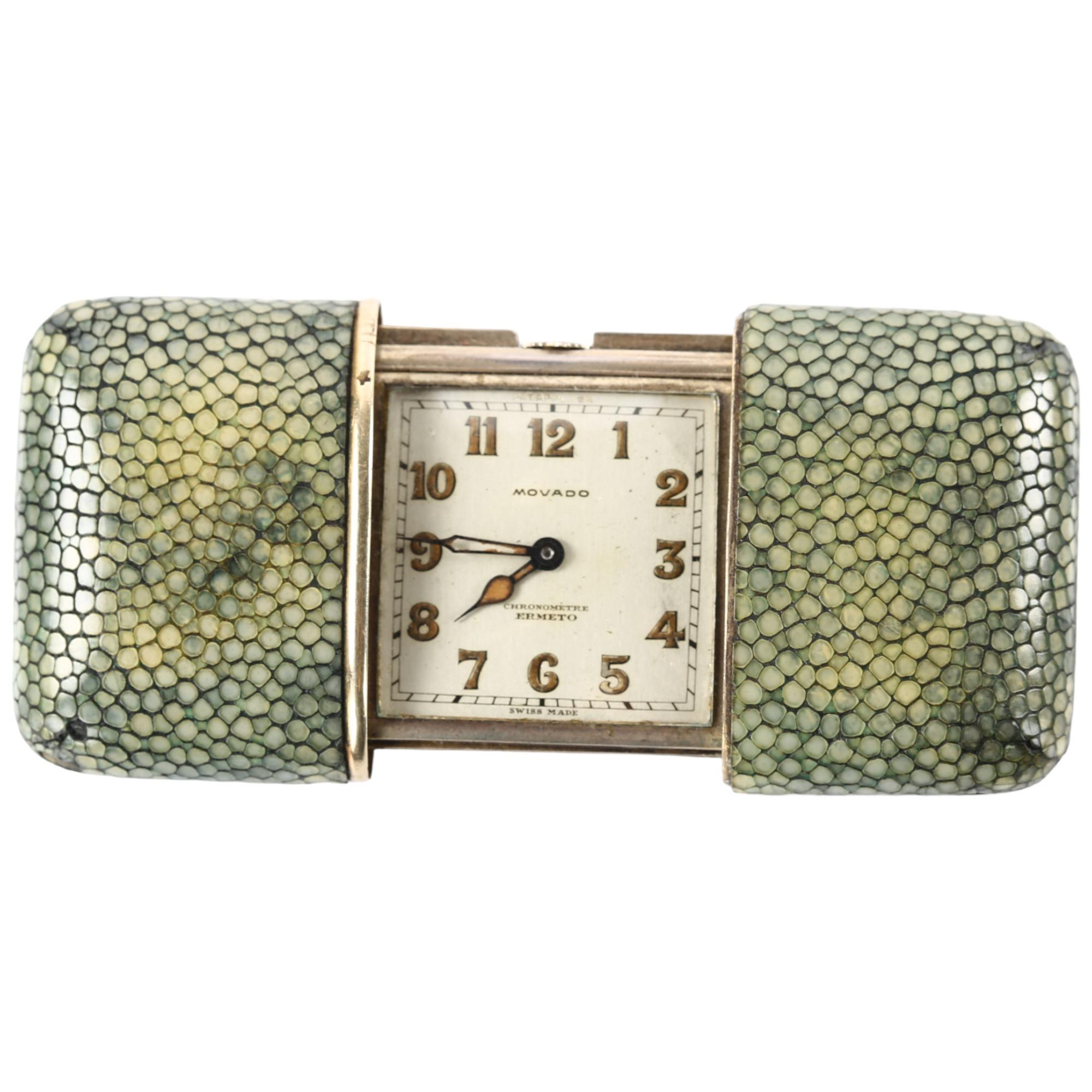 MOVADO - an Art Deco silver and shagreen Ermeto chronometre self-winding travelling purse watch,
