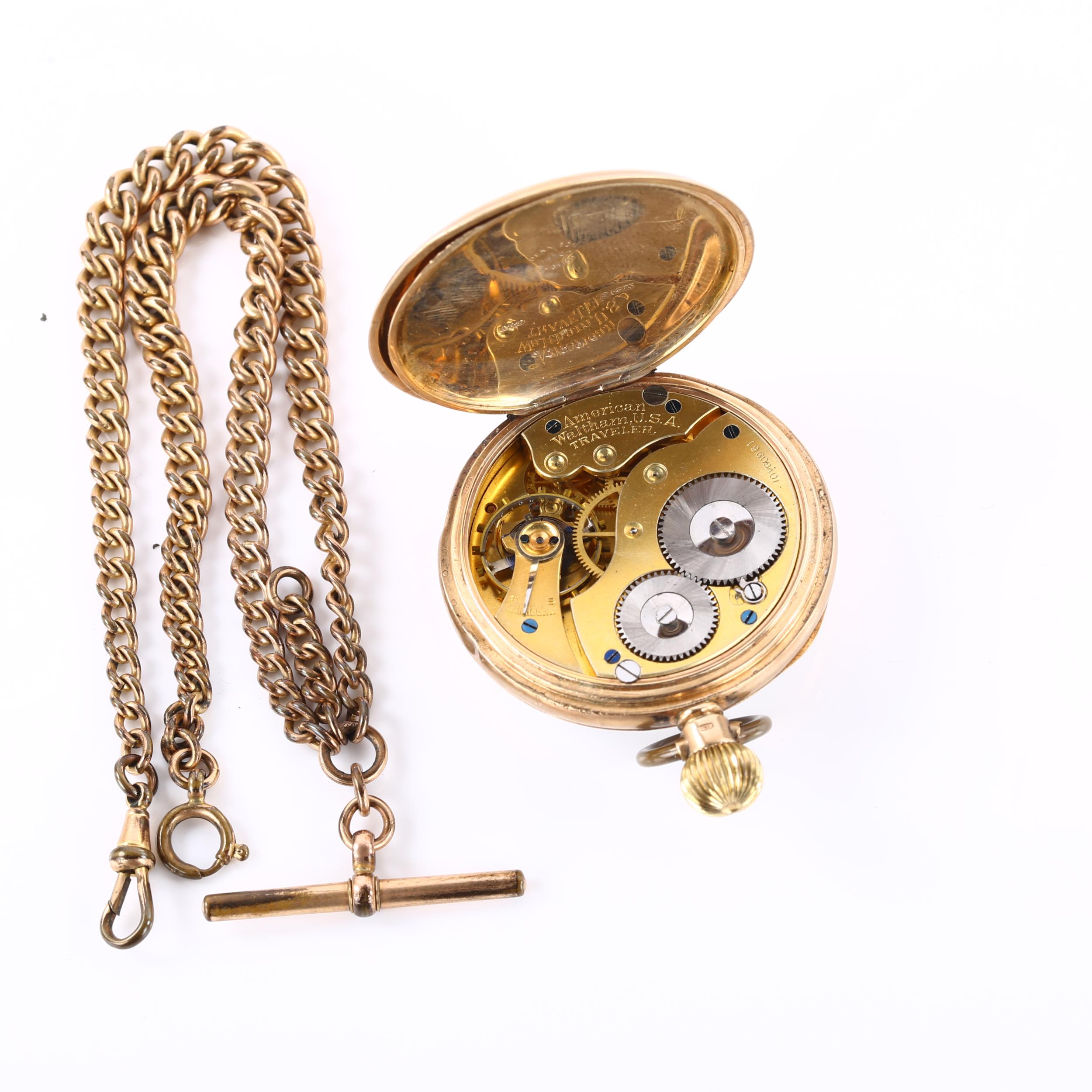 WALTHAM - an early 20th century 9ct gold open-face keyless pocket watch, white enamel dial with - Image 4 of 5