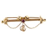 A Victorian natural pearl and amethyst bar brooch, ribbon design with floral motif, brooch length