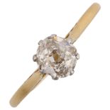 An 18ct gold 0.6ct solitaire diamond ring, claw set with old European-cut diamond, colour approx J/
