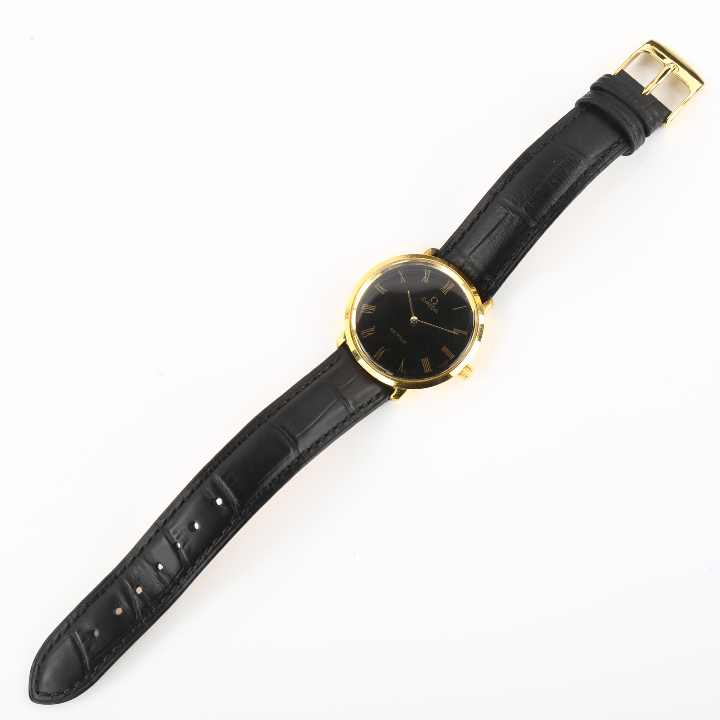 OMEGA - a gold plated De Ville mechanical wristwatch, ref. 111.077, circa 1969, black dial with gilt - Image 2 of 5