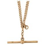 An early 20th century 9ct gold graduated curb link double Albert chain necklace, with 9ct T-bar