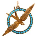 A Victorian 15ct gold turquoise swallow pendant, wingspan 39.7mm, 4g Pendant has been re-purposed