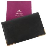 ASPREY - a late 20th century 9ct gold mounted black leather wallet, stamped Asprey London, hallmarks