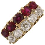 A 19th century 18ct gold garnet and diamond double-row half hoop ring, set with oval mixed-cut