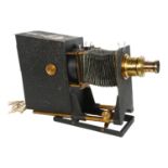 A Victorian painted and brass-mounted magic lantern, with bellow slide, H34cm, base L30cm