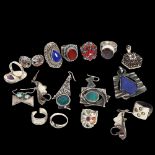 Various silver costume jewellery, including a lapis set ring and pendant, stylised earrings etc