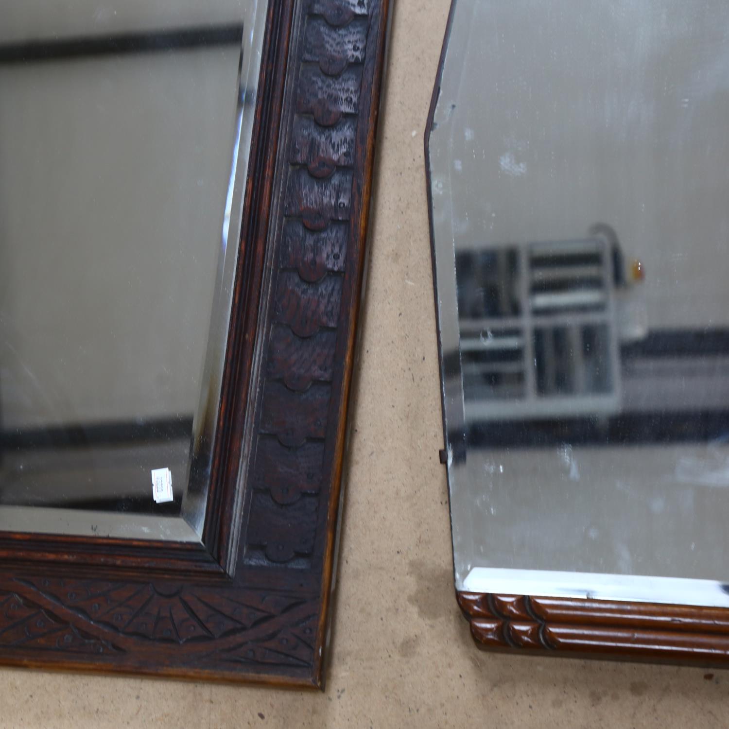 A carved oak framed bevel-edge wall mirror, H49cm, and an Art Deco wall mirror - Image 2 of 2