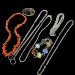 A coral necklace, a silver and agate brooch, various other necklaces and bracelet