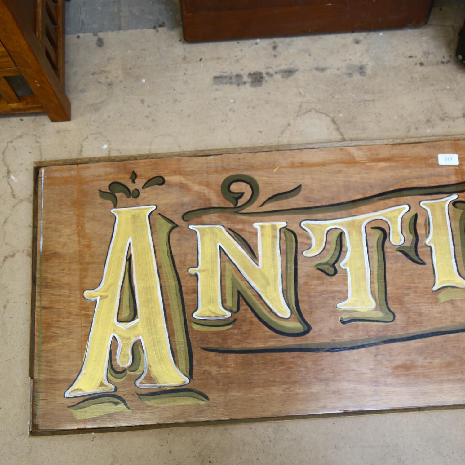 Clive Fredriksson, a large painted wood sign "Antiques", L168cm - Image 2 of 2