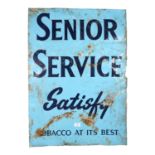 A Vintage painted tin advertising sign "Senior Service Satisfy", mounted on board, 86 x 60cm