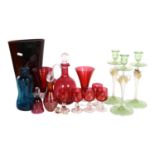 A set of 3 Murano glass candlesticks, 28cm, cranberry glass Claret jug and stopper, matching vases