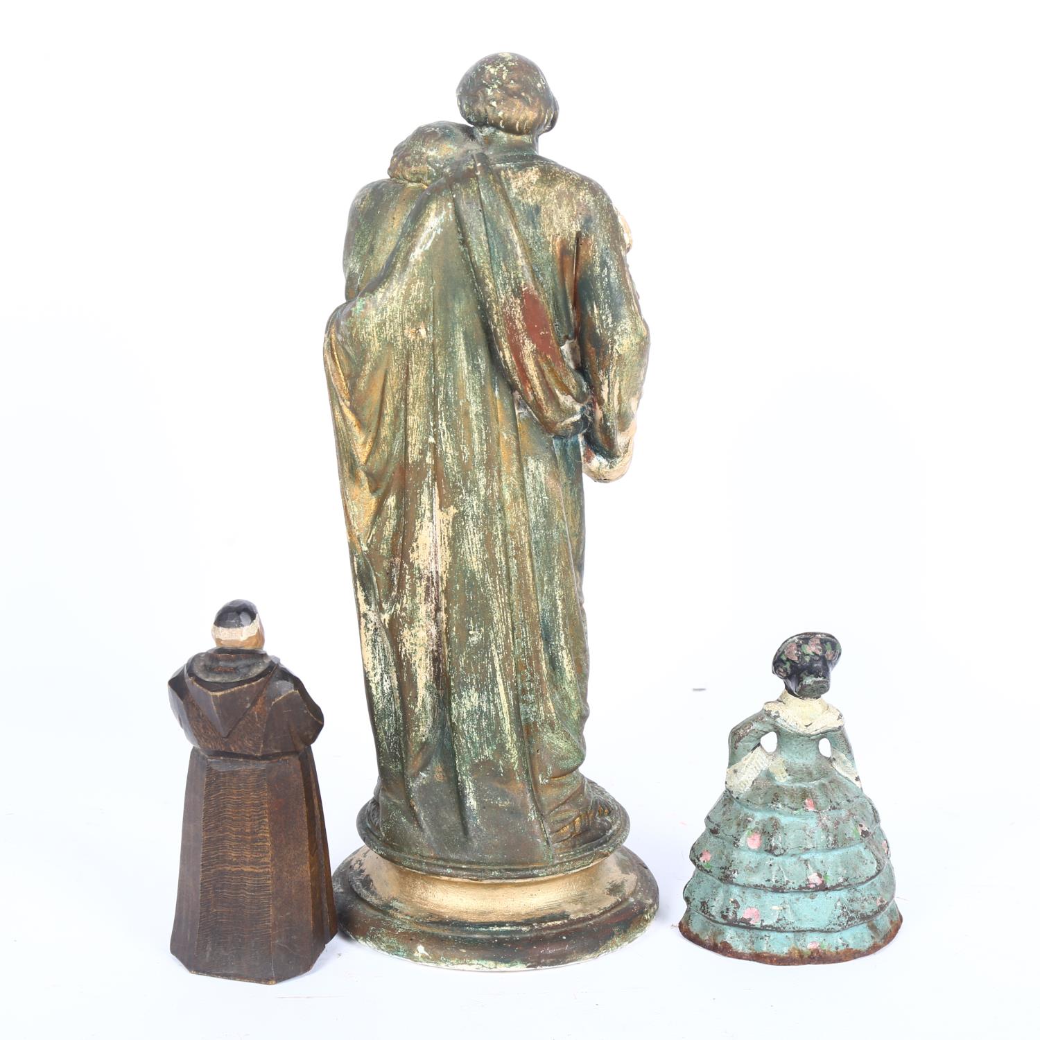 A painted plaster religious group, figure and child, H32cm, a cast-iron crinoline lady, and a carved - Image 2 of 2