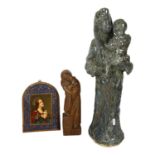 A carved wood sculpture of St Joseph, H27cm, a glazed Studio pottery Madonna and child, and a