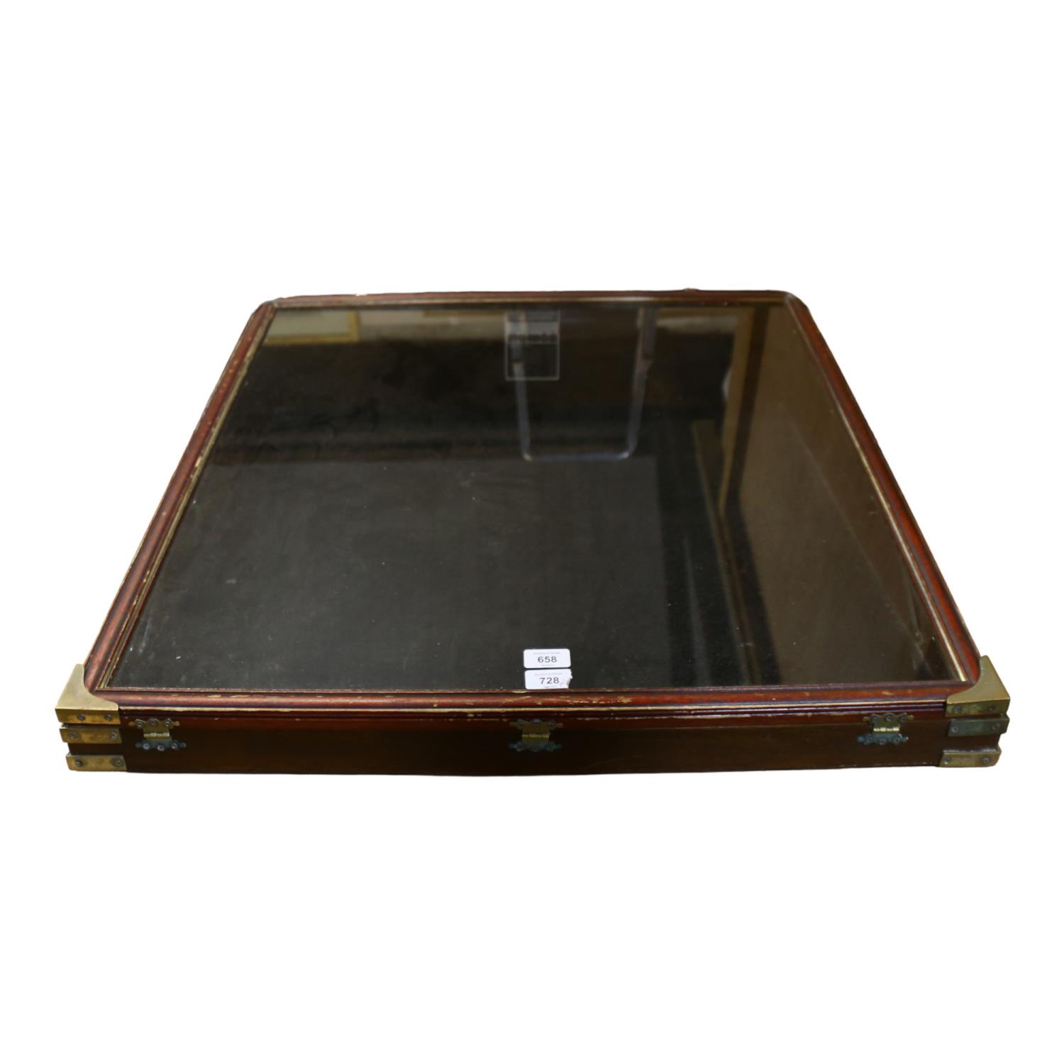 A large table-top jewellery display cabinet, brass mounted with sloped lid, 75cm x 77cm