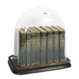 A set of Alexander Dumas books under glass dome on plinth, dome height 28cm