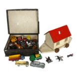 A Vintage wooden pull-along Noah's Ark, with wooden animal figurines, and a quantity of Dinky