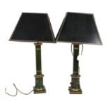 A pair of modern painted Toleware style table lamps and shades, with gilded decoration, H71cm