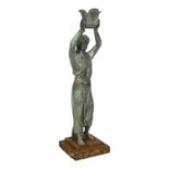 A verdigris bronze figure of a Grecian lady, on cast-iron stepped plinth base, H57.5cm The basket