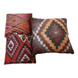 3 handmade cushions with Kilim panels, largest 45cm