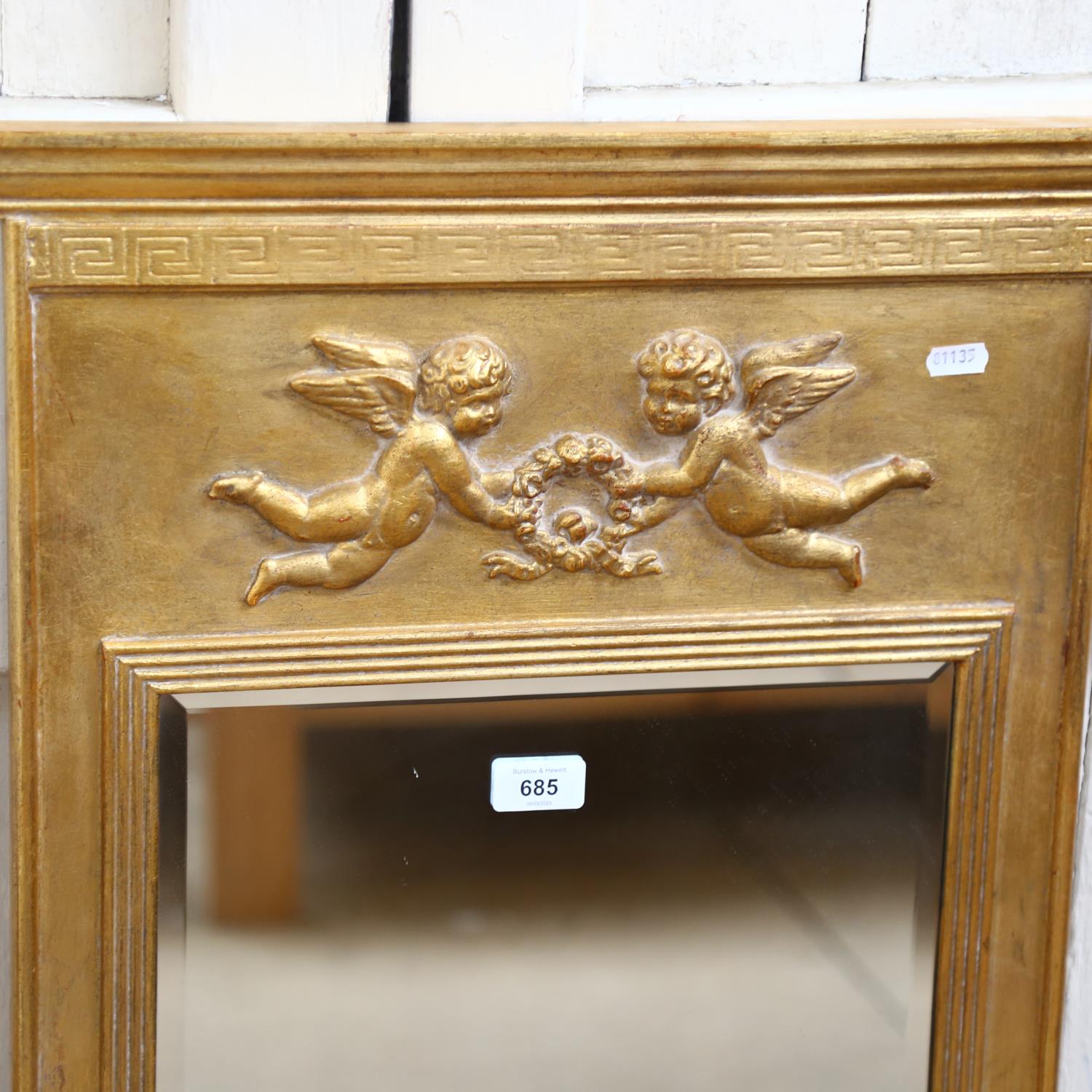 A gilt-framed bevel-edge wall mirror, with design of cherubs, H1m, and 2 arch-top similar smaller - Image 2 of 2