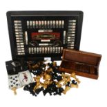 A Vintage Autobridge playing board, turned wood chess set, an ebony and chrome-mounted card box, a