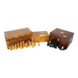 2 inlaid boxes, and a boxed chess set, King height 7cm