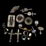 A group of silver and other jewellery, to include a Victorian granite set shield and axe design