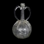 18th century 2-handled glass decanter with etched grapevine decorated panels, H23cm