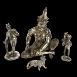 2 white metal figures, study of a man and a boy, and a Collie dog, and a brass and white clad Buddha