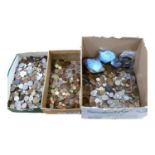 3 boxes containing various world coinage, and British pre-decimal coinage
