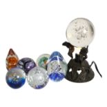 A Selkirk glass paperweight and 5 others, and a cast-brass lamp modelled as 3 frogs with paperweight