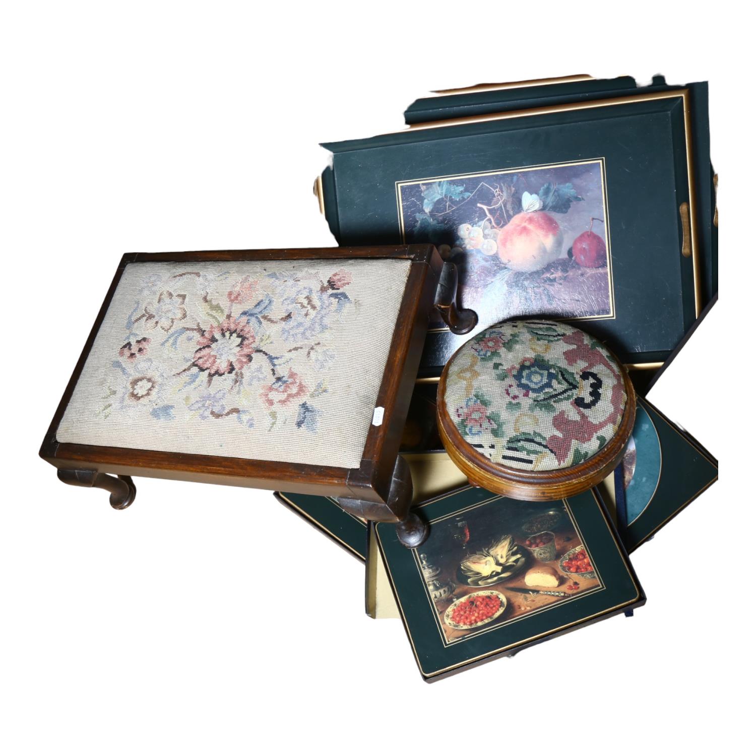 4 lacquer trays and matching place mats, by Lady Clare, a Victorian tapestry covered button