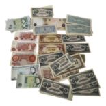 A collection of UK and worldwide banknotes, including 10 shillings, £1 notes, a set of Channel