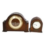 An oak-cased mantle clock with 2-train movement, H21cm, and a small oak clock with presentation