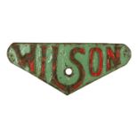 A Victorian painted cast-iron sign "Wilson", L32cm