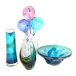 A group of Art glass items, including a bowl with applied decoration, 22.5cm diameter