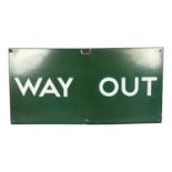 A green and white enamel train station sign "Way Out", W61cm