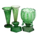 Green cloud glass flower bowl, a pair of vases, 18.5cm, and candlesticks