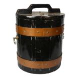 A copper-bound painted coopered wood container with metal liner, with cover, and drop handles, H46cm