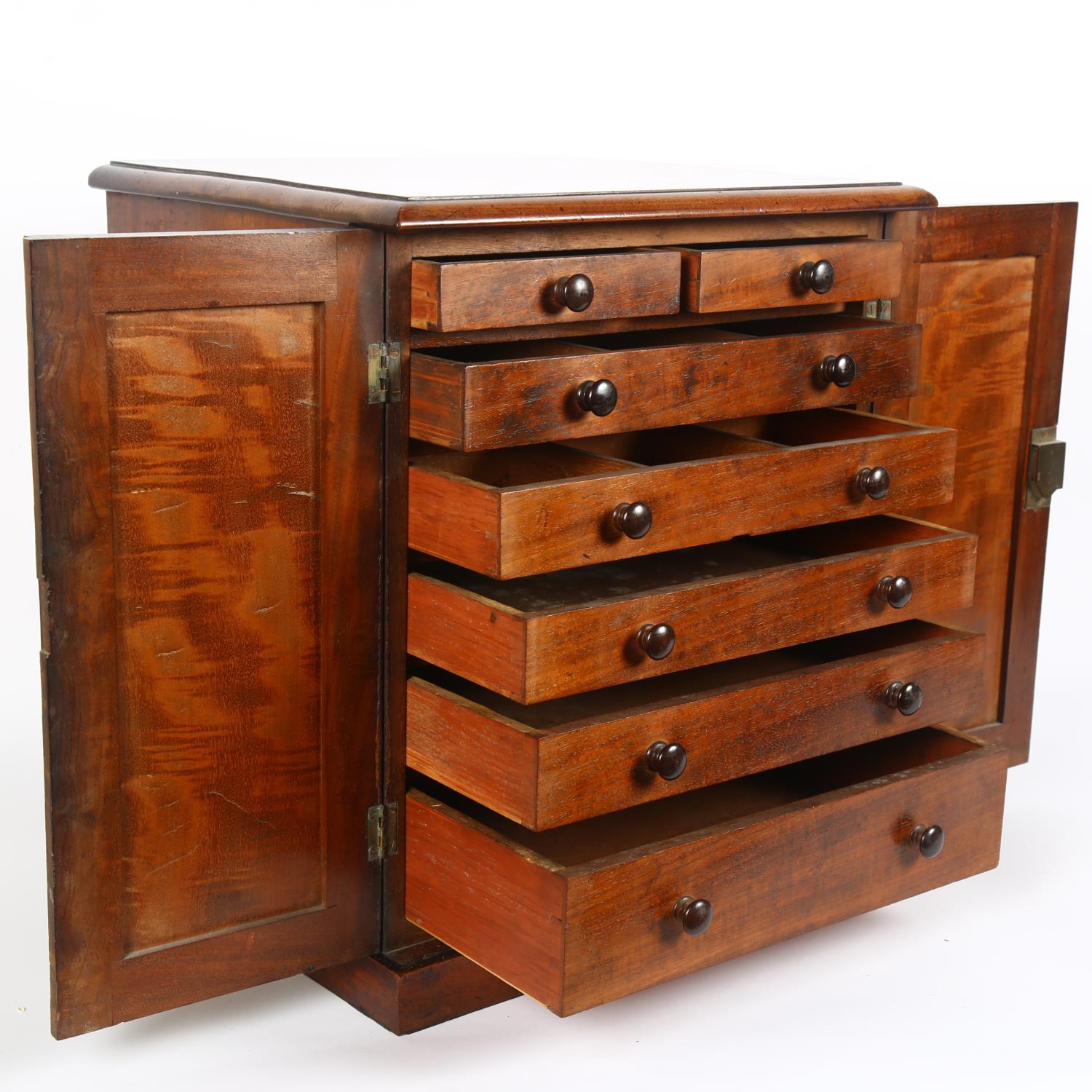 A Victorian mahogany table-top collector's chest, the 2 panelled doors opening to reveal 2 short and - Image 2 of 2