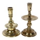 2 early single Antique candlesticks with drip pans, tallest 18cm