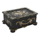 A Victorian papier mache jewel box with inlaid mother-of-pearl decoration, width 25cm General